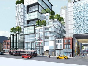In this sketch prepared by Westbank Corp. and ERA Architects two of the original T.W. Wilson Buildings, 756 and 758 Bathurst St. stand proudly at the entrance to the new Mirvish Village.