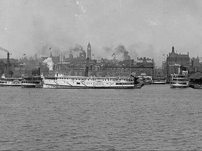 The skyline in this undated view is dominated by just a few structures the most obvious being the clock tower of our present “Old” City Hall. In the centre of the photo are the docks at the foot of Yonge St., where one of the “twin” Toronto Island ferry boats (Mayflower or Primrose) is moored. North of the docks, at the northeast corner of Yonge and Front Sts. intersection, is the 1891 Board of Trade building with its steeply conical roof topped by a cupola. Further east and at the Front and Church Sts. corner we can just catch a glimpse of the spire of the Cathedral of St. James. It was added to the existing church 22 years after the fourth version of the church and second Cathedral opened in 1853. At one time, the spire was the tallest structure on the city skyline and where for many years a lantern was installed to assist lake boat skippers approaching Toronto to locate the city on an otherwise pitch black horizon. If I were to guess at the date this photo was taken, and with very few new structures as clues, I’d have to be vague and suggest the early 1900s.