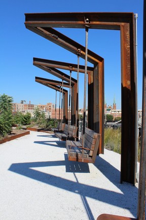 Giant bench swings suspended from steel girders add a whimsical touch to the Phase One of the Philadelphia Rail Park, which opened in June. Scott Pruden for The Washington Post