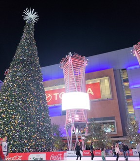 A massive Christmas tree set up outside the Staples Centre in L.A. (Supplied)