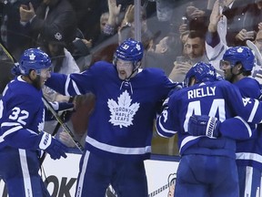 Toronto Maple Leafs celebrate after Tyler Ennis (63) scores in the second period on November 19, 2018 against the Columbus Blue Jackets at the Scotiabank Arena in Toronto. Veronica Henri/Toronto Sun