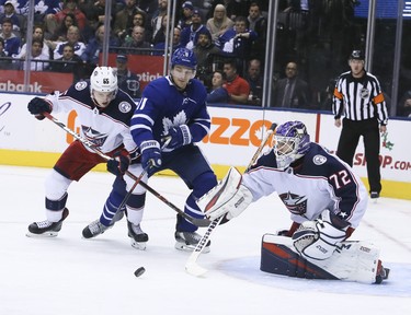 Toronto Maple Leafs left wing Zach Hyman (11) by thethe  Blue Jackets goaltender Sergei Bobrovsky (72) on Monday November 19, 2018.The Toronto Maple Leafs host the Columbus Blue Jackets at the Scotiabank Arena in Toronto, On. Veronica Henri/Toronto Sun/Postmedia Network