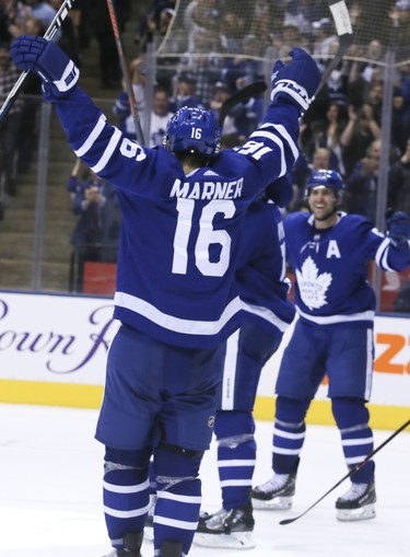 Leafs celebrate after Toronto Maple Leafs left wing Zach Hyman (11) scores on Monday November 19, 2018.The Toronto Maple Leafs host the Columbus Blue Jackets at the Scotiabank Arena in Toronto, On. Veronica Henri/Toronto Sun/Postmedia Network