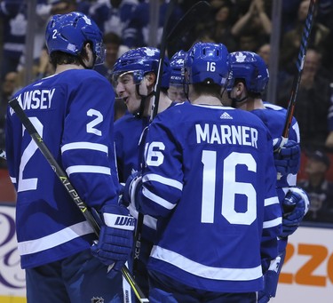 Leafs celebrate after Toronto Maple Leafs left wing Zach Hyman (11) scores on Monday November 19, 2018.The Toronto Maple Leafs host the Columbus Blue Jackets at the Scotiabank Arena in Toronto, On. Veronica Henri/Toronto Sun/Postmedia Network