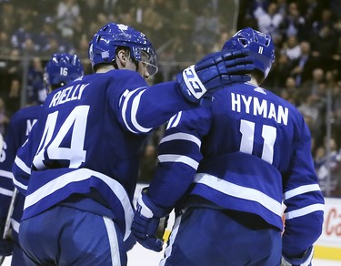 Leafs celebrate in the third period  on Monday November 19, 2018.The Toronto Maple Leafs host the Columbus Blue Jackets at the Scotiabank Arena in Toronto, On. Veronica Henri/Toronto Sun/Postmedia Network