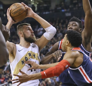 Toronto Raptors center Jonas Valanciunas (17) on Friday November 23, 2018. The Toronto Raptors host the Washington Wizards at the Scotiabank Arena in Toronto, Ont. Veronica Henri/Toronto Sun/Postmedia Network