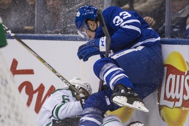 Toronto Maple Leafs Frederik Gauthier during 1st period action against the Dallas Stars Julius Honka  at the Scotiabank Arena in Toronto on Thursday November 1, 2018. Ernest Doroszuk/Toronto Sun/Postmedia