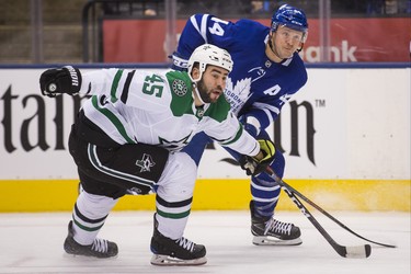 Toronto Maple Leafs Morgan Rielly during 1st period action against the Dallas Stars Roman Polak at the Scotiabank Arena in Toronto on Thursday November 1, 2018. Ernest Doroszuk/Toronto Sun/Postmedia