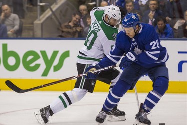 Toronto Maple Leafs Connor Brown during 2nd period action against the Dallas Stars Jason Spezza  at the Scotiabank Arena in Toronto on Thursday November 1, 2018. Ernest Doroszuk/Toronto Sun/Postmedia