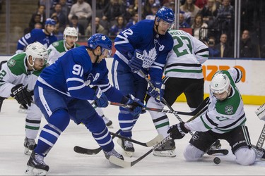 Toronto Maple Leafs John Tavares (left) and Patrick Marleau keep an eye on the puck during 3rd period action against the Dallas Stars Devin Shore and goalie Anton Khudobin at the Scotiabank Arena in Toronto on Thursday November 1, 2018. Ernest Doroszuk/Toronto Sun/Postmedia