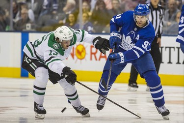 Toronto Maple Leafs John Tavares during 3rd period action against the Dallas Stars Mattias Janmark at the Scotiabank Arena in Toronto on Thursday November 1, 2018. Ernest Doroszuk/Toronto Sun/Postmedia