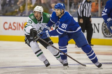 Toronto Maple Leafs John Tavares during 3rd period action against the Dallas Stars Mattias Janmark at the Scotiabank Arena in Toronto on Thursday November 1, 2018. Ernest Doroszuk/Toronto Sun/Postmedia