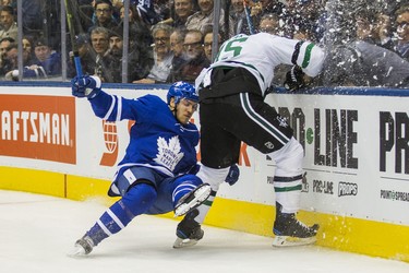 Toronto Maple Leafs Par Lindholm during 3rd period action against the Dallas Stars Roman Polak  at the Scotiabank Arena in Toronto on Thursday November 1, 2018. Ernest Doroszuk/Toronto Sun/Postmedia