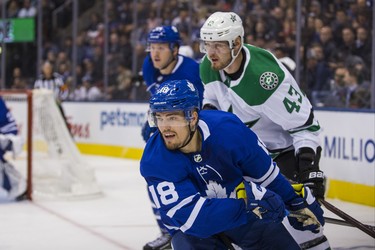 Toronto Maple Leafs Andreas Johnsson during 2nd period action against the Dallas Stars Valeri Nichushkin at the Scotiabank Arena in Toronto on Thursday November 1, 2018. Ernest Doroszuk/Toronto Sun/Postmedia