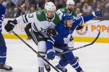 Toronto Maple Leafs Par Lindholm during 2nd period action against the Dallas Stars Valeri Nichushkin at the Scotiabank Arena in Toronto on Thursday November 1, 2018. Ernest Doroszuk/Toronto Sun/Postmedia