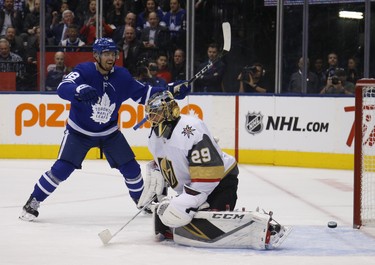 Toronto Maple Leafs Andreas Johnsson LW (18) celebrates Brown RW (28) goal which beats Vegas Golden Knights Marc-Andre Fleury G (29) during the first period in Toronto on Tuesday November 6, 2018. Jack Boland/Toronto Sun/Postmedia Network