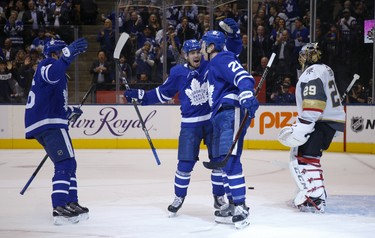 Toronto Maple Leafs Connor Brown RW (28) in the spotlight after scoring the opening goal of the game during the first period in Toronto on Tuesday November 6, 2018. Jack Boland/Toronto Sun/Postmedia Network