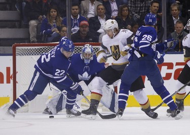 Toronto Maple Leafs Nikita Zaitsev D (22) tries to clear the puck away from Vegas Golden Knights William Karlsson C (71) during the first period in Toronto on Tuesday November 6, 2018. Jack Boland/Toronto Sun/Postmedia Network