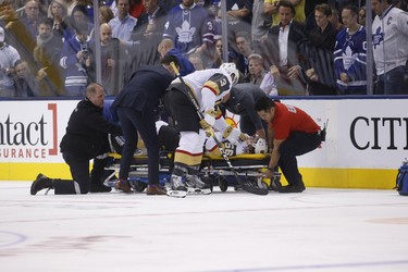 Vegas Golden Knights Erik Haula LW (56) is stretchered off the ice after injuring his knee during the third period in Toronto on Tuesday November 6, 2018. Jack Boland/Toronto Sun/Postmedia Network