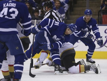 Toronto Maple Leafs John Tavares C (91) takes the man after the face-off during the first period in Toronto on Wednesday November 7, 2018. Jack Boland/Toronto Sun/Postmedia Network