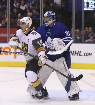 Vegas Golden Knights Reilly Smith RW (19) in front of Toronto Maple Leafs Frederik Andersen G (31) during the second period in Toronto on Wednesday November 7, 2018. Jack Boland/Toronto Sun/Postmedia Network