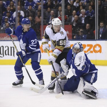 Toronto Maple Leafs Frederik Andersen G (31) snags a puck as he is screened by Vegas Golden Knights Erik Haula LW (56) during the second period in Toronto on Wednesday November 7, 2018. Jack Boland/Toronto Sun/Postmedia Network