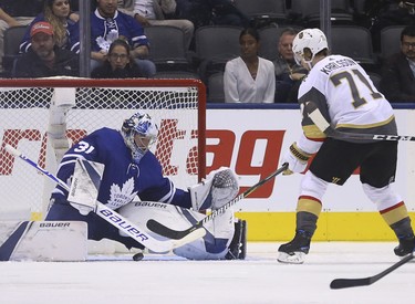 Toronto Maple Leafs Frederik Andersen G (31) makes a save on Vegas Golden Knights William Karlsson C (71) during the third period in Toronto on Wednesday November 7, 2018. Jack Boland/Toronto Sun/Postmedia Network