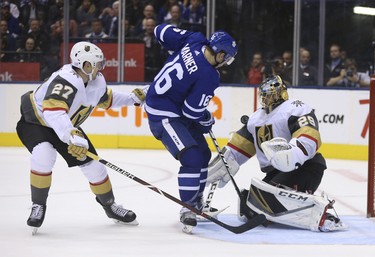 Vegas Golden Knights Marc-Andre Fleury G (29) makes. Nice save on Toronto Maple Leafs Mitch Marner RW (16) in tight during the third period in Toronto on Wednesday November 7, 2018. Jack Boland/Toronto Sun/Postmedia Network