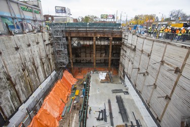 Looking down at the construction of the Eglinton Crosstown LRT Keelesdale Station during a press tour at the intersection of Eglinton Ave W., and Keele St.  in Toronto, Ont. on Friday November 9, 2018. The Eglinton Crosstown LRT will be a 19-kilometre light rail transit line with 25 new stations and stops that will run along Eglinton Avenue from the Black Creek Drive in the west to Kennedy Station in the east. The TTC will be responsible the day-to-day operation of the Eglinton Crosstown LRT, which will be owned by Metrolinx.  Ernest Doroszuk/Toronto Sun/Postmedia