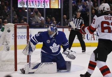 Toronto Maple Leafs Frederik Andersen G (31) makes a blocker save on New Jersey Devils Jesper Bratt LW (63) during the second period in Toronto on Friday November 9, 2018. Jack Boland/Toronto Sun/Postmedia Network