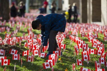 Marco Ho, 12, places a few of the 47,500 Canadian flags on the lawns outside of Sunnybrook Veterans Centre on the grounds at Sunnybrook Health Sciences Centre in Toronto, Ont. on Saturday November 10, 2018. There were 100 flags for each of the 475 veterans that live there. Ernest Doroszuk/Toronto Sun/Postmedia