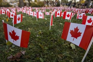 Volunteers place 47,500 Canadian flags on the lawns outside of Sunnybrook Veterans Centre on the grounds at Sunnybrook Health Sciences Centre in Toronto, Ont. on Saturday November 10, 2018. There were 100 flags for each of the 475 veterans that live there. Ernest Doroszuk/Toronto Sun/Postmedia