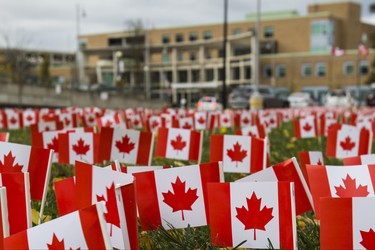 Volunteers place 47,500 Canadian flags on the lawns outside of Sunnybrook Veterans Centre on the grounds at Sunnybrook Health Sciences Centre in Toronto, Ont. on Saturday November 10, 2018. There were 100 flags for each of the 475 veterans that live there. Ernest Doroszuk/Toronto Sun/Postmedia