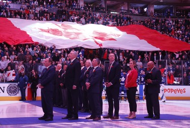 Hockey Hall of Fame inductees (L-R) NHL commissioner Gary Bettman, Alexander Yakushev from 1972 Soviet Series, Marin St. Louis of Tampa Bay Lightning, Martin Brodeur of the New Hersey Devils, Jatna Hefford Women;s Canadian Team and Willie O'Ree of the Boston Bruins  in Toronto on Friday November 9, 2018. Jack Boland/Toronto Sun/Postmedia Network