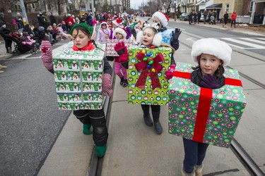 Dressed as Christmas presents are the 114th Sparks and Brownies at the Beaches Santa Claus Parade along Kingston Rd. in Toronto, Ont. on Sunday November 25, 2018. Ernest Doroszuk/Toronto Sun/Postmedia