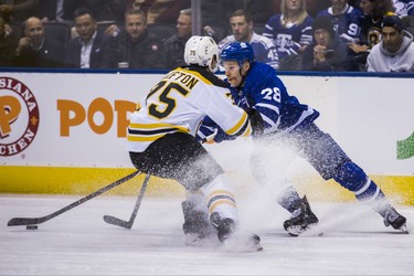 Toronto Maple Leafs Connor Brown during 1st period action against Boston Bruins Connor Clifton  at the Scotiabank Arena in Toronto on Monday November 26, 2018. Ernest Doroszuk/Toronto Sun/Postmedia