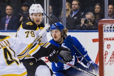 Toronto Maple Leafs Kasperi Kapanen during 1st period action against Boston Bruins Jeremy Lauzon  at the Scotiabank Arena in Toronto on Monday November 26, 2018. Ernest Doroszuk/Toronto Sun/Postmedia