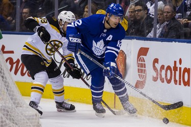 Toronto Maple Leafs Patrick Marleau during 1st period action against Boston Bruins Matt Grzelcyk  at the Scotiabank Arena in Toronto on Monday November 26, 2018. Ernest Doroszuk/Toronto Sun/Postmedia