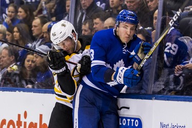 Toronto Maple Leafs Travis Dermott  during 2nd period action against Boston Bruins David Backes at the Scotiabank Arena in Toronto on Monday November 26, 2018. Ernest Doroszuk/Toronto Sun/Postmedia