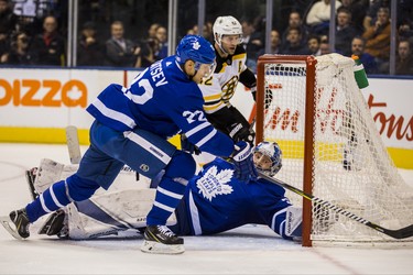 Toronto Maple Leafs Nikita Zaitsev and goalie 	Frederik Andersen during 2nd period action against Boston Bruins at the Scotiabank Arena in Toronto on Monday November 26, 2018. Ernest Doroszuk/Toronto Sun/Postmedia