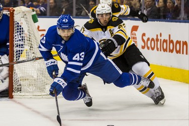 Toronto Maple Leafs Nazem Kadri  during 2nd period action against Boston Bruins Brad Marchand at the Scotiabank Arena in Toronto on Monday November 26, 2018. Ernest Doroszuk/Toronto Sun/Postmedia