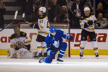 Toronto Maple Leafs  Josh Leivo celebrates his goal during 2nd period action against Boston Bruins at the Scotiabank Arena in Toronto on Monday November 26, 2018. Ernest Doroszuk/Toronto Sun/Postmedia