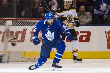 Toronto Maple Leafs  Josh Leivo celebrates his goal during 2nd period action against Boston Bruins at the Scotiabank Arena in Toronto on Monday November 26, 2018. Ernest Doroszuk/Toronto Sun/Postmedia