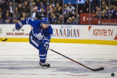 Toronto Maple Leafs Zach Hyman goes in for an empty net goal during 3rd period action against Boston Bruins at the Scotiabank Arena in Toronto on Monday November 26, 2018. Ernest Doroszuk/Toronto Sun/Postmedia