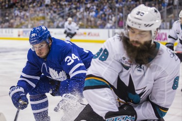 Toronto Maple Leafs Auston Matthews  during 1st period action against San Jose Sharks Brent Burns at the Scotiabank Arena in Toronto on Wednesday November 28, 2018. Ernest Doroszuk/Toronto Sun/Postmedia