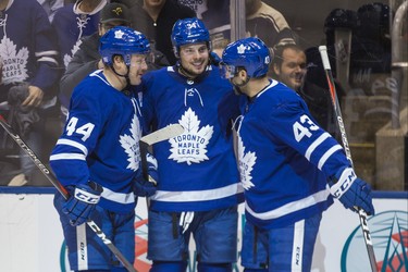 Toronto Maple Leafs Auston Matthews celebrates his goal joined by 	Morgan Rielly (left) and Nazem Kadri (right) during 1st period action against San Jose Sharks at the Scotiabank Arena in Toronto on Wednesday November 28, 2018. Ernest Doroszuk/Toronto Sun/Postmedia