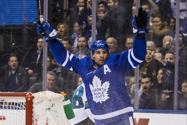 Toronto Maple Leafs John Tavares celebrates his goal during 1st period action against San Jose Sharks at the Scotiabank Arena in Toronto on Wednesday November 28, 2018. Ernest Doroszuk/Toronto Sun/Postmedia