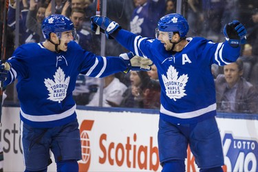 Toronto Maple Leafs John Tavares (right) celebrates his goal, his is with Zach Hyman during 1st period action against San Jose Sharks at the Scotiabank Arena in Toronto on Wednesday November 28, 2018. Ernest Doroszuk/Toronto Sun/Postmedia