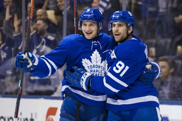 Toronto Maple Leafs John Tavares (right) celebrates his goal, his is with Zach Hyman during 1st period action against San Jose Sharks at the Scotiabank Arena in Toronto on Wednesday November 28, 2018. Ernest Doroszuk/Toronto Sun/Postmedia