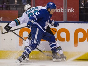 Toronto Maple Leafs Jake Gardiner during 2nd period action against San Jose Sharks Melker Karlsson  at the Scotiabank Arena in Toronto on Wednesday November 28, 2018. Ernest Doroszuk/Toronto Sun/Postmedia